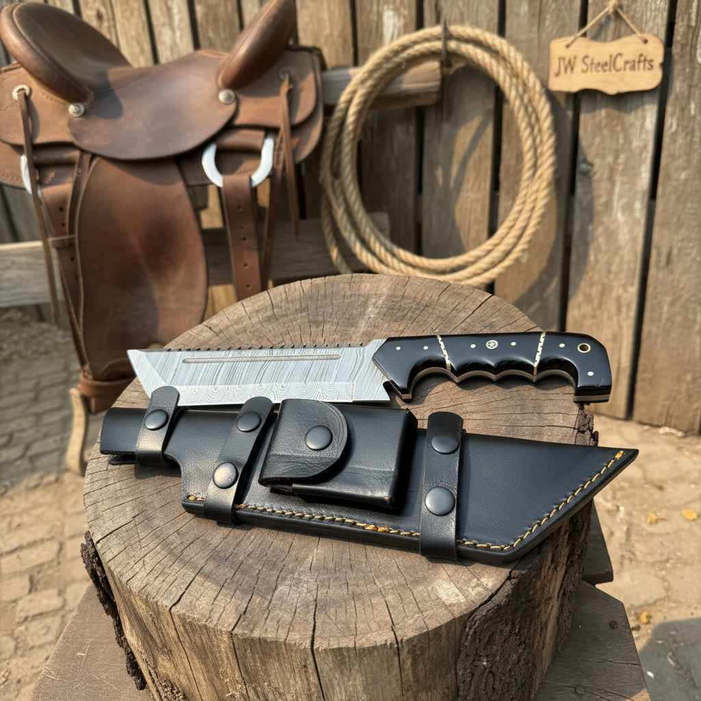 Handmade Damascus Tracker Knife 12” Sawback Blade Survival Knife Black resin Handle & Sheath