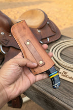 Damascus Bull Cutter Knife — Multi-Color Rainbow Resin Handle, Christian Cross Blade Engraving, Steel Bolster & Lanyard Hole