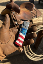 Patriot Damascus Folding Knife 7” opened – American Flag Handle with Leather Sheath