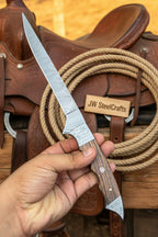 Handmade 13 Inch Overall Damascus Steel Fillet Knife –  Full Tang Fishing Knife with Hardwood Handle and Leather Sheath.