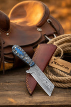 Western Bull Cutter 7” Knife – Damascus Ranch Blade with Blue Stabilized Handle & Sheath