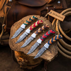 Wovencord Pocket Knife Set 8.5" Handmade Set of 5 Damascus Steel Blades