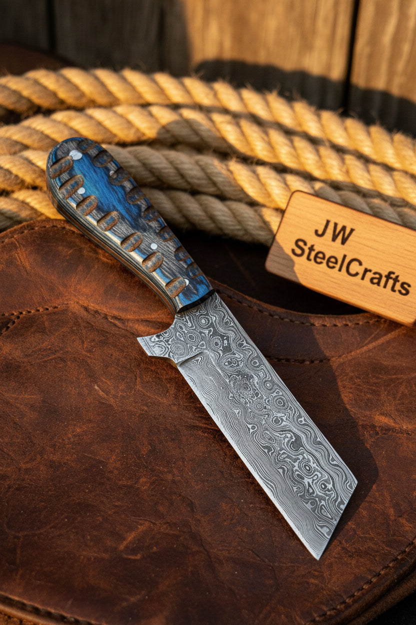 Western Bull Cutter 7” Knife – Damascus Ranch Blade with Blue Stabilized Handle & Sheath