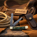 Damascus Trapper Pocket Knife Two Blade Folding Knife with Green Bone Handle