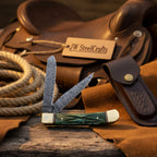 Damascus Trapper Pocket Knife Two Blade Folding Knife with Green Bone Handle