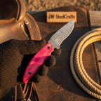 Persian Damascus Folding Knife Set 7” opened Pink & Blue Pakka Wood EDC Blades