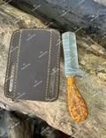 Painted Feather Bull Cutter Knife 7" Handmade Damascus Amber Resin Handle