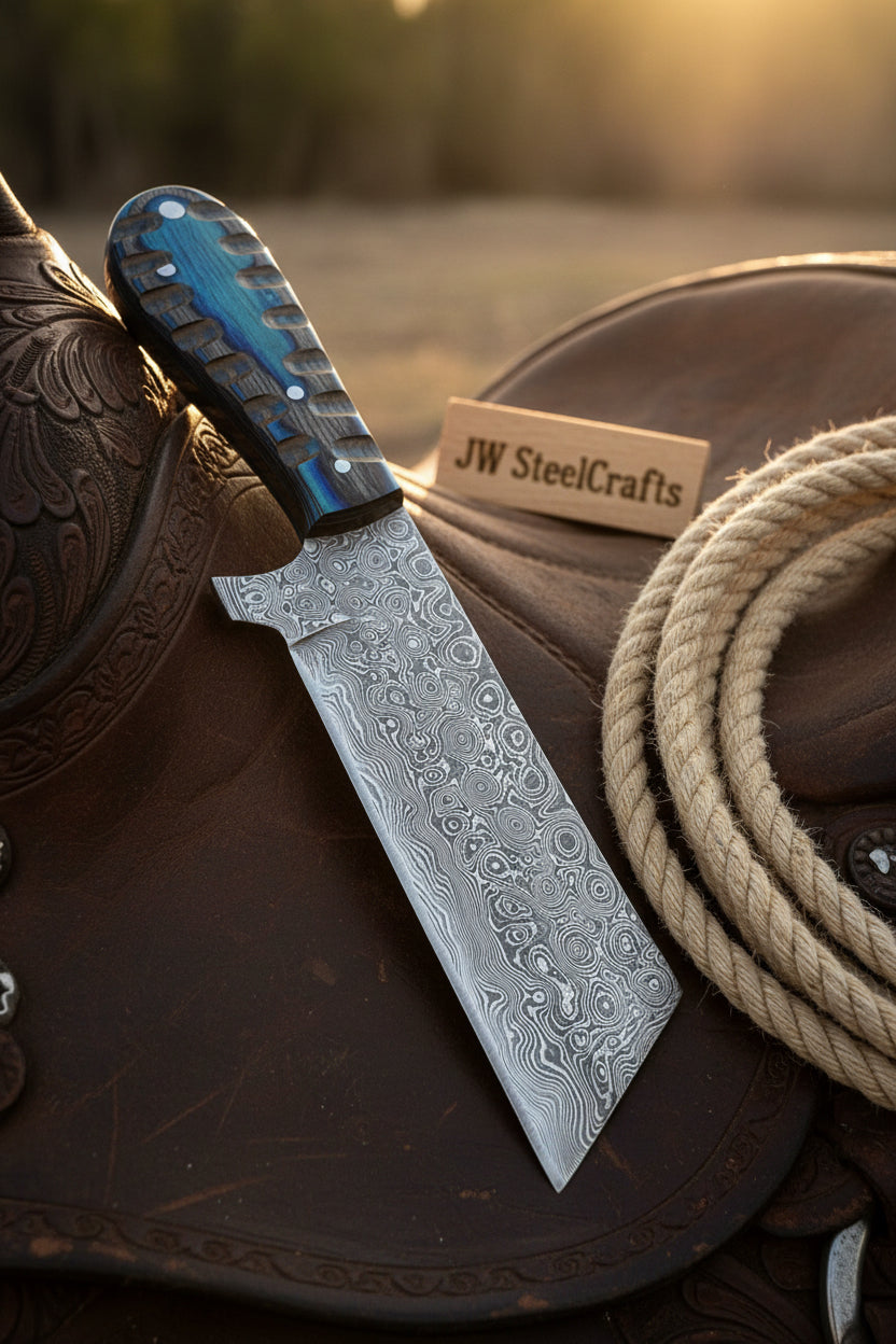 Western Bull Cutter 7” Knife – Damascus Ranch Blade with Blue Stabilized Handle & Sheath