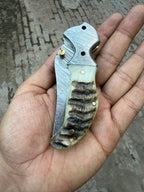 Pearlridge Damascus Folder 7" Handmade Mother of Pearl Lock Back