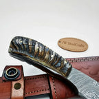 6 Inch Damascus Steel Skinner Knife with Ram Horn Handle and Leather Sheath