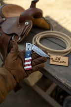 Patriot Damascus Folding Knife 7” opened – American Flag Handle with Leather Sheath