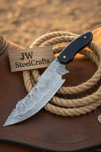 Damascus Field Knife 9” Blade Handmade Black Epoxy Resin Handle with Sheath