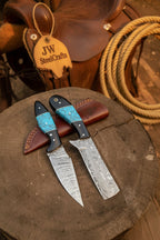 Handmade Damascus Skinner 7”–8” Knife Set Cowboy Ranch Blades Turquoise Handle with Sheath