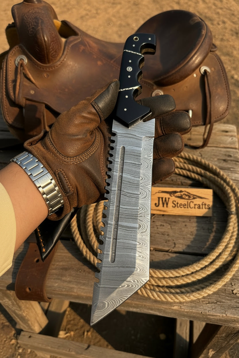Handmade Damascus Tracker Knife 12” Sawback Blade Survival Knife Black resin Handle & Sheath