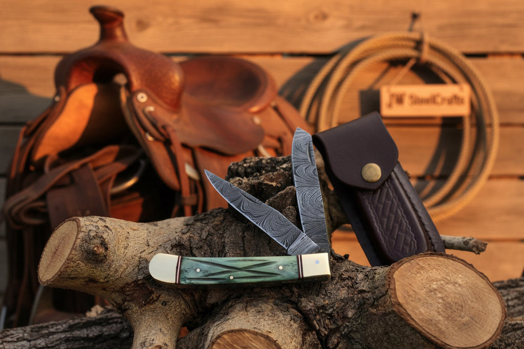 Damascus Trapper Pocket Knife Two Blade Folding Knife with Green Bone Handle