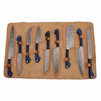 9-Piece Damascus Kitchen Knife Set with Leather Roll and Blue Pakka Wood Handles