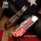 American Flag Damascus Folding Hunter with Ram Horn Handle
