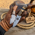 Fielddraw Gut Hook Knife 8" Handmade Damascus Stag Bone Handle