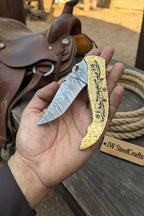 Calligraphy Engraved Brass Folder Knife 10" Handmade Damascus Blade
