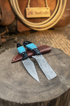 Handmade Damascus Skinner 7”–8” Knife Set Cowboy Ranch Blades Turquoise Handle with Sheath