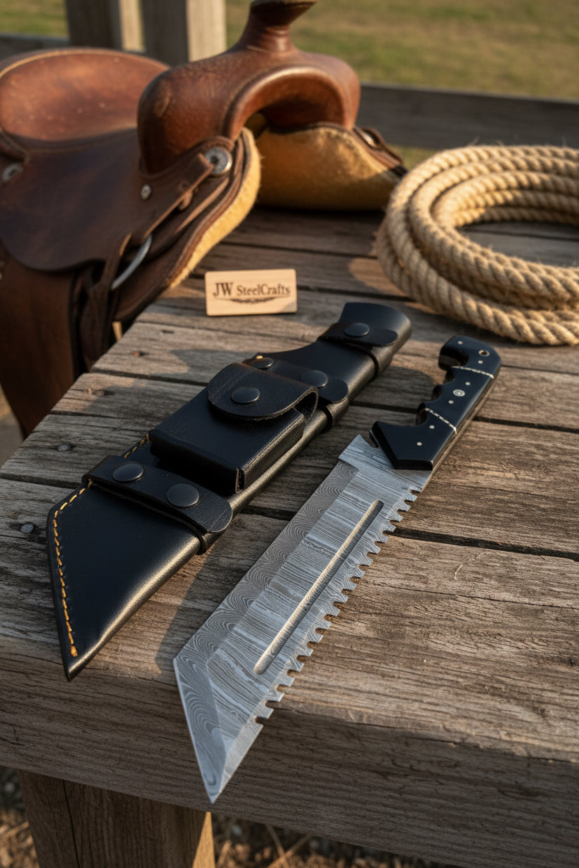 Handmade Damascus Tracker Knife 12” Sawback Blade Survival Knife Black resin Handle & Sheath