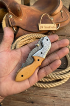 Honeywood Hawkbill Folder Knife 8" Handmade Wood Handle Damascus Blade