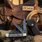 Damascus Steel Trapper Knife 4" with Bone Handle, Folding Pocket Knife