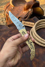 Calligraphy Engraved Brass Folder Knife 10" Handmade Damascus Blade