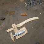 Handmade Damascus Steel Viking Axe and Matching Knife Set with Ash Wood Handle and Leather Sheath