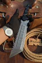 Handmade Damascus Tracker Knife 12” Sawback Blade Survival Knife Black resin Handle & Sheath