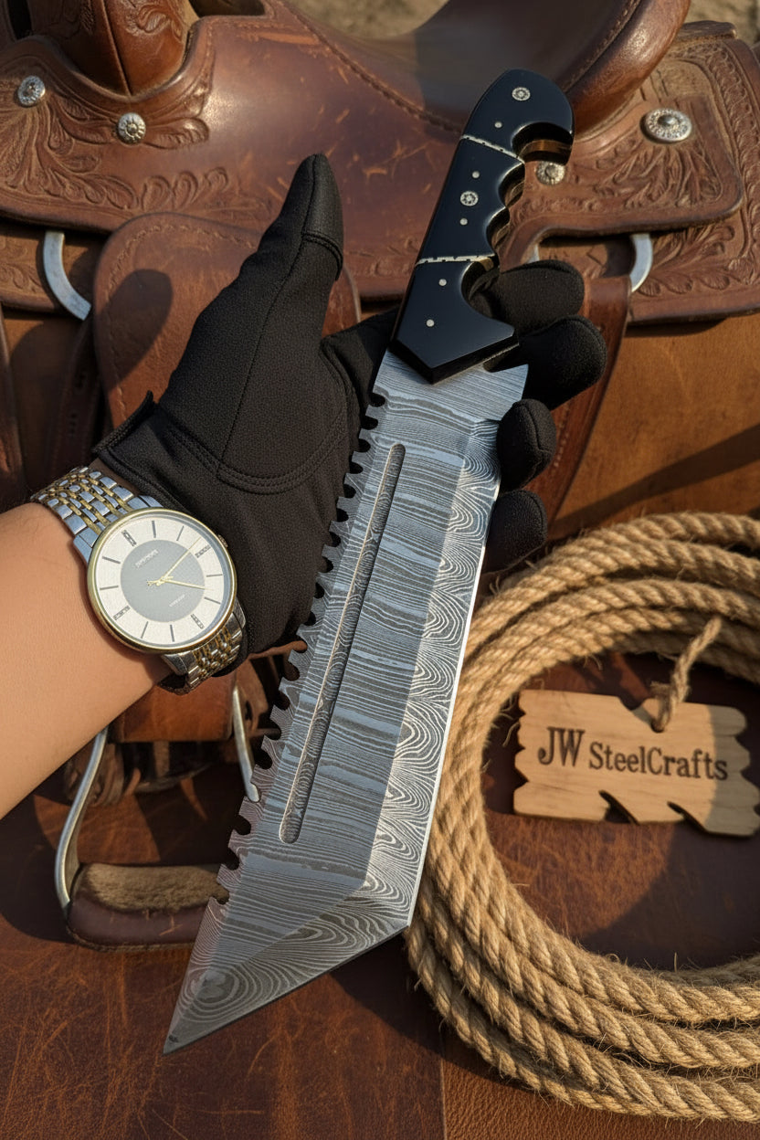 Handmade Damascus Tracker Knife 12” Sawback Blade Survival Knife Black resin Handle & Sheath