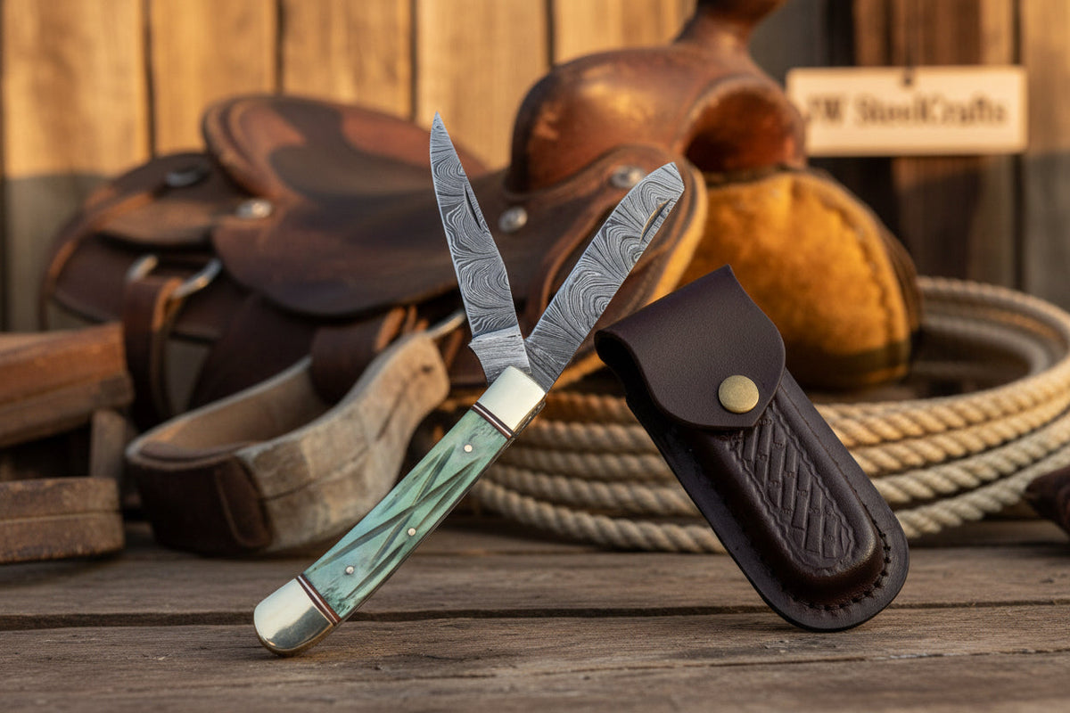 Damascus Trapper Pocket Knife Two Blade Folding Knife with Green Bone Handle