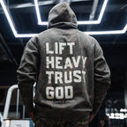 Lift Heavy. Trust God. - Premium Darkwood Camo Hoodie