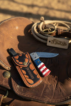 Patriot Damascus Folding Knife 7” opened – American Flag Handle with Leather Sheath