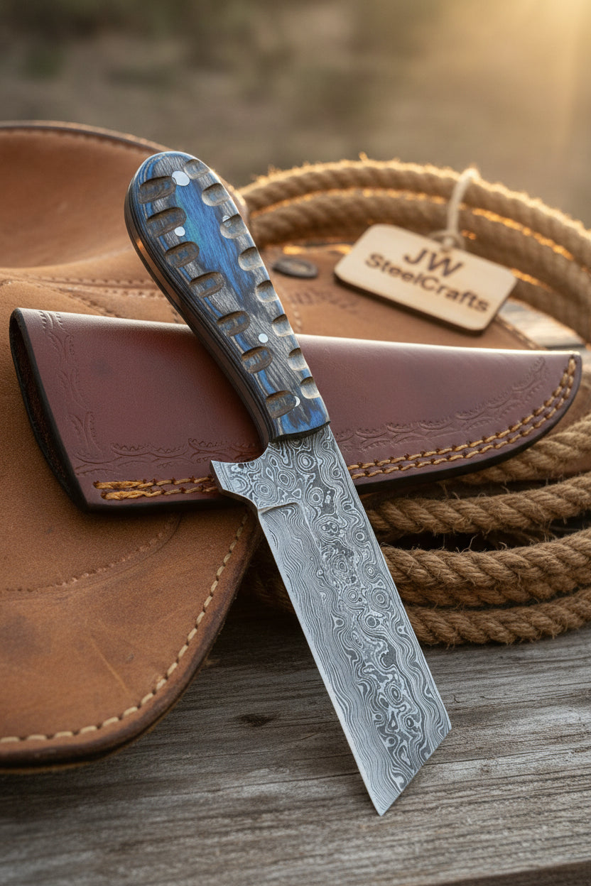 Western Bull Cutter 7” Knife – Damascus Ranch Blade with Blue Stabilized Handle & Sheath