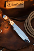 Drop Point Bushcraft Knife 10” – Polished Steel Blade with Natural Stag Handle