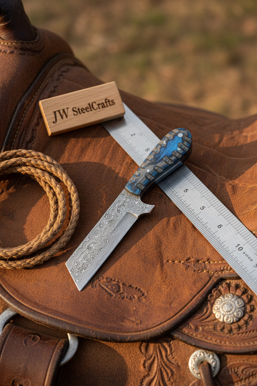 Western Bull Cutter 7” Knife – Damascus Ranch Blade with Blue Stabilized Handle & Sheath