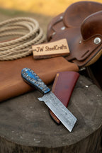 Western Bull Cutter 7” Knife – Damascus Ranch Blade with Blue Stabilized Handle & Sheath