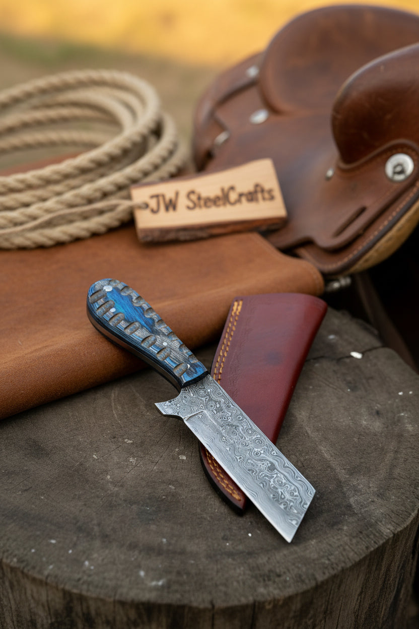 Western Bull Cutter 7” Knife – Damascus Ranch Blade with Blue Stabilized Handle & Sheath