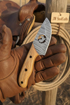 Olive Wood Bull Cutout Ranch Knife 5" Handmade Damascus Steel Olive Wood handle