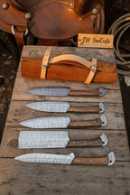 Hand Forged Damascus Chef Knife Set, Natural Wood Handle, Full Tang Kitchen Knife Collection