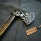 Hand Engraved Damascus Viking Axe with Carved Hardwood Handle and Matching Damascus Knife | Norse Collector Axe Set | JW SteelCrafts