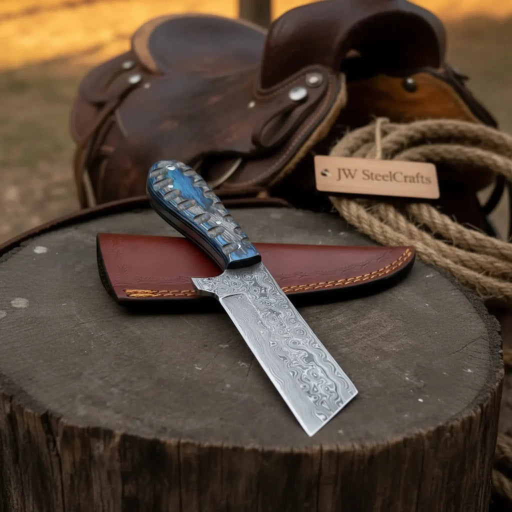 Western Bull Cutter 7” Knife Damascus Ranch Blade with Blue Stabilized Handle & Sheath