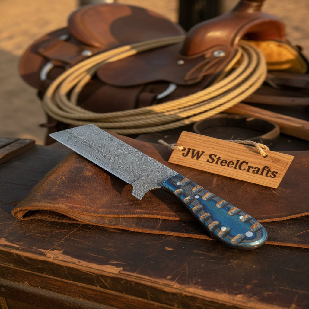 Western Bull Cutter 7” Knife Damascus Ranch Blade with Blue Stabilized Handle & Sheath