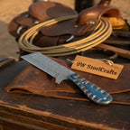 Western Bull Cutter 7” Knife Damascus Ranch Blade with Blue Stabilized Handle & Sheath