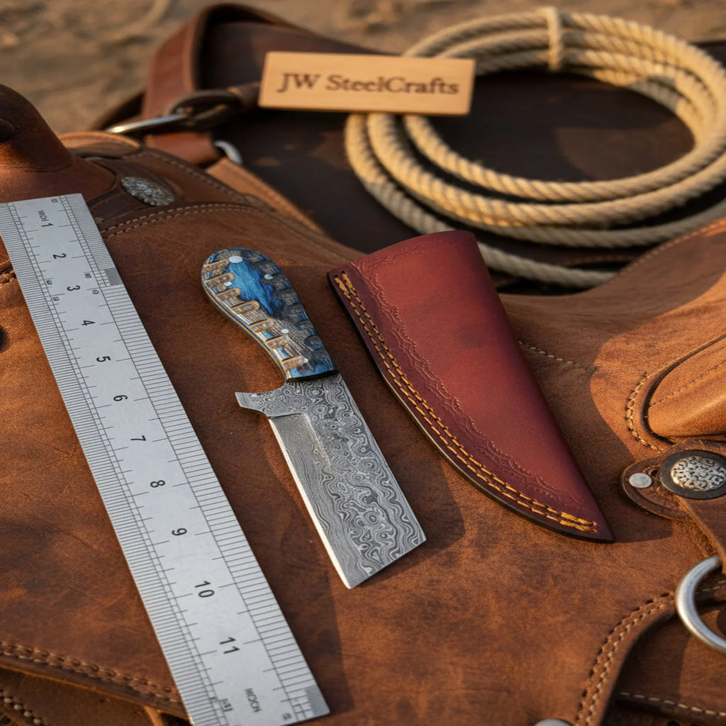 Western Bull Cutter 7” Knife Damascus Ranch Blade with Blue Stabilized Handle & Sheath