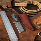 Western Bull Cutter 7” Knife Damascus Ranch Blade with Blue Stabilized Handle & Sheath