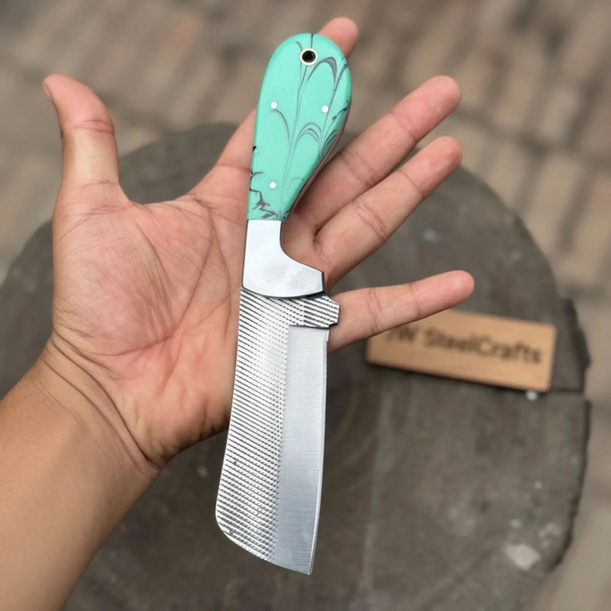 7.5-Inch Rasp Steel Bull Cutter Knife Teal Marbled Resin Handle, Silver Pins, Lanyard Hole & Leather Sheath | JW Steel Crafts