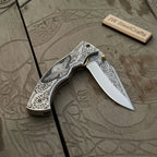 Hand Engraved Neck Folding Knife with Eagle Motif Stainless Steel Scales