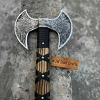Hand Engraved Double Headed Viking Axe with Nordic Knotwork and Leather Wrapped Handle
